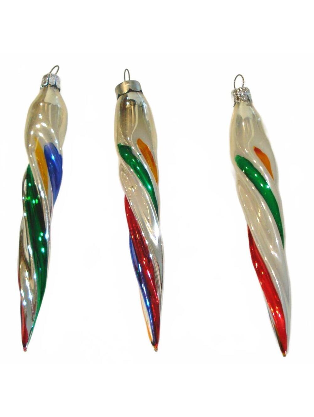 Vintage Glass Multi Color Swirl Icicle Ornaments Set of 3 from Czech Republic